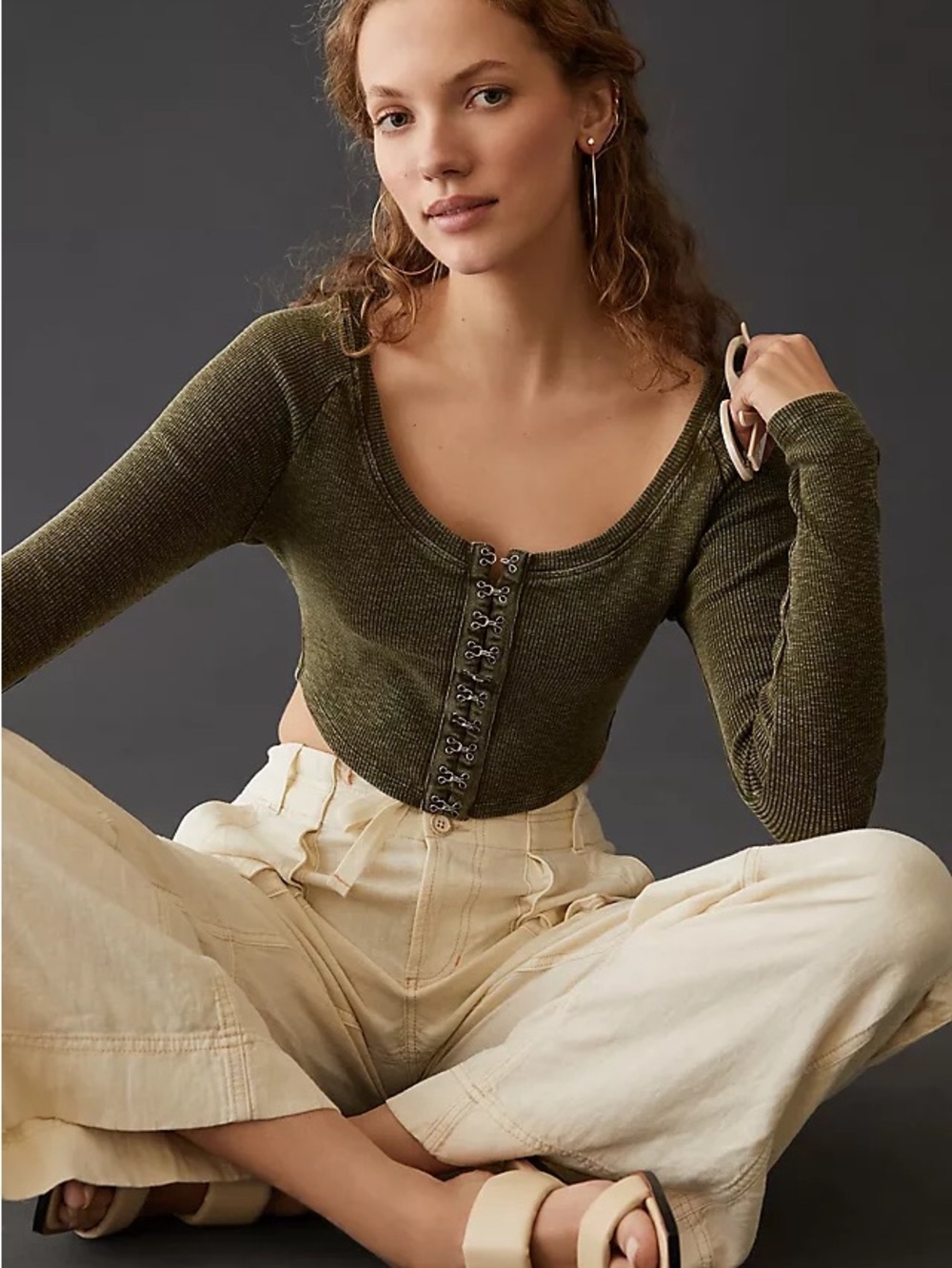 Anthropologie Pilcro Cropped Cardigan Womens XS Moss Green NWT Hook Front Ribbed